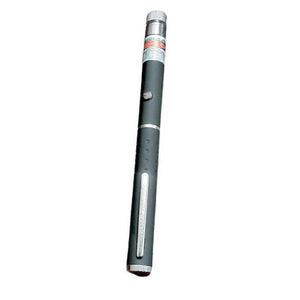 5mW 532nm Green Laser Pointer Pen - shown as a slim, black cylindrical handheld device with a silver button, a pocket clip, and a silver top cap.