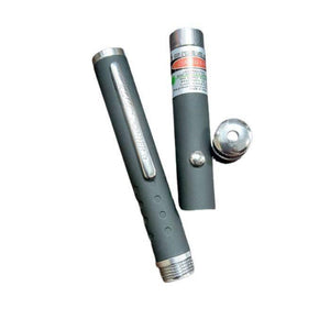 5mW 532nm Green Laser Pointer Pen - shown as a grey metal pen-style device with a pocket clip, a button, and a removable cap.