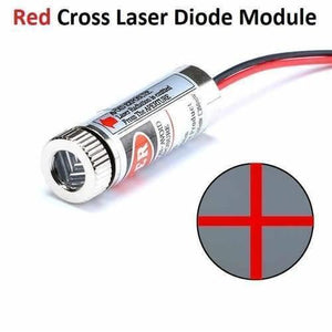 5mW 650nm Red Cross Line Laser Module Adjustable Focus Laser Diode - a cylindrical red laser diode with attached red and black wires and a circular inset displaying a red cross.