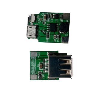 5V 1A power bank module - shown from two sides, featuring a green circuit board with a micro USB port, a USB-A port, and various electronic components.