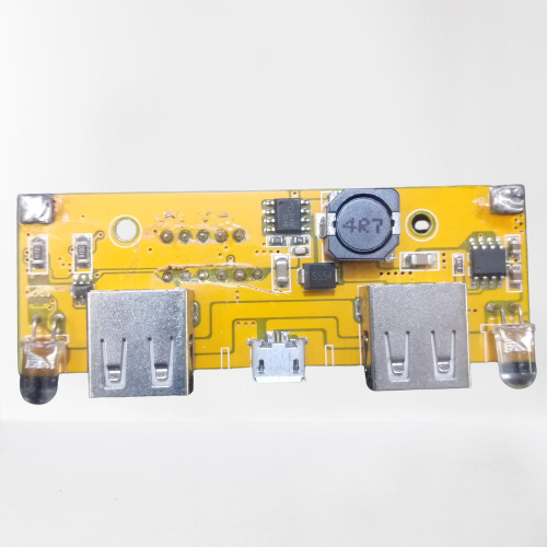5V 2A 18650 3.7V Battery Charger Charging Module DIY Power Bank - a yellow circuit board with two USB ports, a micro-USB port, and two LEDs.