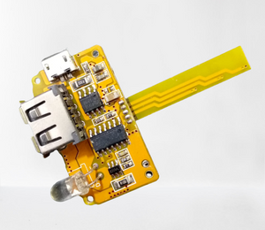 5V 2A Power Bank Module - a yellow circuit board with a USB-A port, a micro-USB port, an LED indicator, and a flexible ribbon cable.