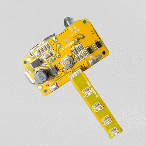 5V 2A Power Bank Module - a yellow circuit board featuring a USB port, a push button, a 6R8 inductor, and an attached flexible strip with LED components.