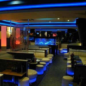 5V 5 Meter Addressable LED Strip WS2812B 30 LED Per Meter - installed as blue accent lighting along the ceiling and furniture edges in a lounge.