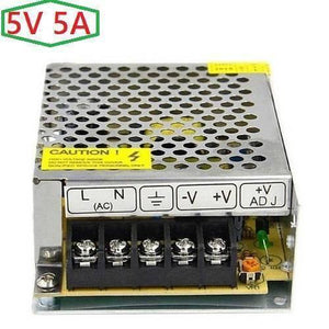 5V 5A AC To DC Switching Power Supply - a silver metal-cased unit with a perforated top, screw terminal block, and a small adjustable voltage knob.