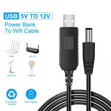 5V DC To 12V DC USB Power Cable Data Adapter Charger Plug Boost Converter Price - a black USB-A to DC barrel jack boost converter cable with icons of a router, light, and lamp.