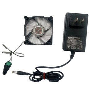 5V LED Fan With Power Supply And Female DC Plug Kit - a black cooling fan with white blades, a power adapter, and a DC female connector.