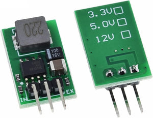 5V Output HX1314G: Reliable DC 5.5-32V To 5V 1A Voltage Regulator Module - Perfect For DIY Projects - two green circuit boards with a three-pin header, an inductor, and voltage selection pads.