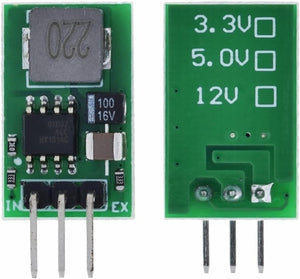 5V Output HX1314G: Reliable DC 5.5-32V To 5V 1A Voltage Regulator Module - Perfect For DIY Projects - the front and back of the green circuit board with three pins, an inductor, and voltage selection pads.