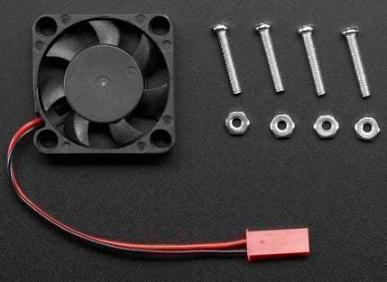 5V Raspberry Pi 4 Fan - shown with its included four mounting screws and four nuts on a black background, featuring a two-pin red connector.
