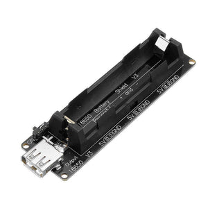 5V UPS 18650 Battery Charging Shield Arduino Battery Shield Nodemcu Battery Shield - a black circuit board with a battery holder, a USB-A output port, a power switch, and labeled 5V and GND pins.