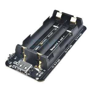 5V UPS Arduino Raspberry Pi Battery Shield - a black circuit board with a dual AA battery holder, a USB port, an on/off switch, and LED indicators.