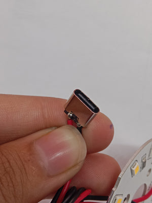 5W 44mm 10 LEDS Warm White SMD LED Strip With Type C Connector - close-up showing the metallic Type-C charging port with attached red and black wires.