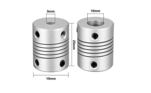 5x10mm Flexible Shaft | High-Quality Rotary Extension | Digilog.pk - two silver cylindrical couplings with set screws and dimension labels showing a 19mm diameter, 25mm height, and 5mm/10mm bores.