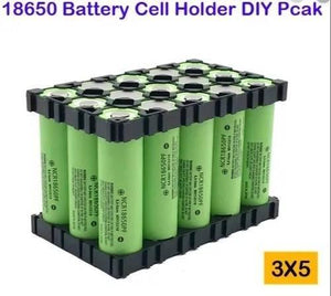 5x3 15 Cell 18650 Battery Spacer Radiating Holder Bracket With Lock For Electric Car Bike - a black plastic 3x5 grid spacer bracket holding fifteen green cylindrical 18650 lithium-ion batteries.