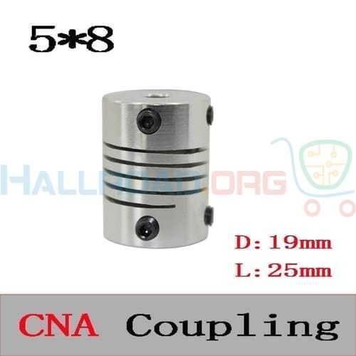 1 Piece 5m x 8mm 5x8mm Flexible Coupling Flexible Shaft Coupling - a silver cylindrical shaft connector with spiral cutouts, set screws, and dimension text labels D: 19mm and L: 25mm.