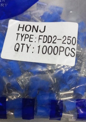 6.3mm Crimp Terminal Female Pre Insulated Electrical Connectors - shown in a clear plastic bag with a label reading HONJ TYPE: FDD2-250 QTY: 1000PCS.
