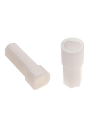 6.7mm Hex 27mm length 3mm hole TT Motor Hexagonal Connector Plastic Coupling Wheel tyre coupler Connector White - shown as two white plastic hexagonal coupling pieces for wheels.