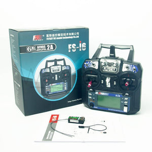6 Channel Rc Transmitter Receiver Flysky FS-I6 Transmitter With FS-IA6 Receiver - black box, user manual, and binding plug, featuring a black controller with knobs and a screen.