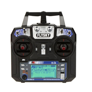 6 Channel Rc Transmitter Receiver Flysky FS-I6 Transmitter With FS-IA6 Receiver - a black handheld remote controller with two joysticks, switches, knobs, and a digital screen displaying text and a plane icon.