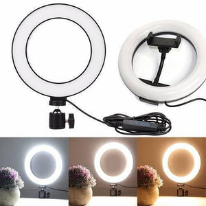 6 Inch 15cm Selfie LED Ring Light Without Stand For Tiktok Video Live Camera Makeup - a white circular light with a phone holder, a ball head mount, and a corded remote with four control buttons.