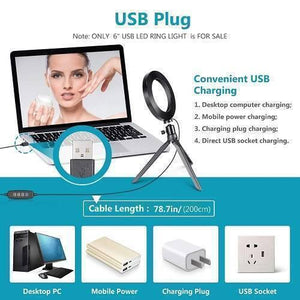 6 Inch 15cm Selfie LED Ring Light Without Stand For Tiktok Video Live Camera Makeup - the circular light on a small tripod, a USB connector, a control switch, and four charging source examples.