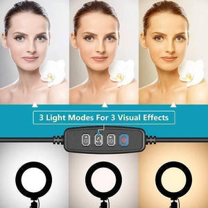 6 Inch 15cm Selfie LED Ring Light Without Stand For Tiktok Video Live Camera Makeup - three lighting modes on a woman's face and a close-up of the inline controller with four buttons.