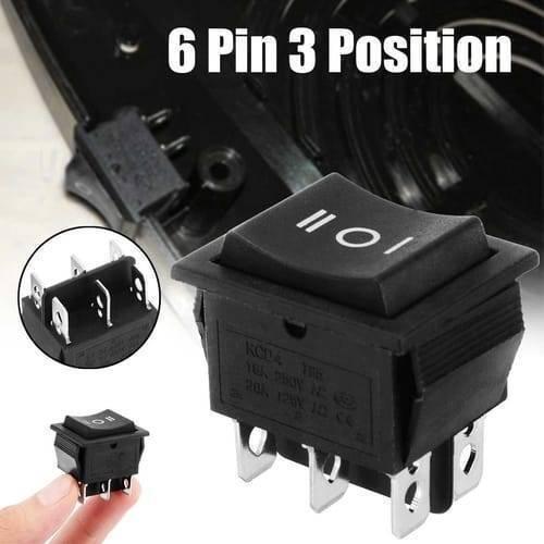 6 Pin 3 Position Dpdt Rocker Switch On Off On Power Button Switch - a black rectangular switch with three positions, a close-up of its six pins, and a hand holding the switch.