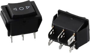 6 Pin Dpdt Double Pole Double Throw 10 Amp Momentary Rocker Switch Momentary Push Button Switch - two black rectangular switches with arrow and circle symbols on top and metal connector pins underneath.