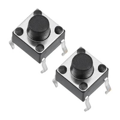 6 x 6 x 6mm 4 Pin DIP Tactile Momentary Push Button Switch - shown as two identical black and silver square tactile switches with four metal pins each.