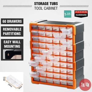 60 Drawer Plastic Component Storage Tools Box Makeup Jewelry Medicine Stationery Organizer - an orange and black cabinet with clear drawers, wall-mounting holes, and a dimension diagram.