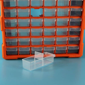 60 Drawer Plastic Component Storage Tools Box Makeup Jewelry Medicine Stationery Organizer - shown as an orange frame with multiple clear storage drawers and one detached drawer in the foreground.