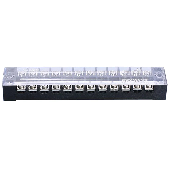 600V 15A 12P block connector terminal block - a black base with twelve metal screw terminals and a clear plastic protective cover.