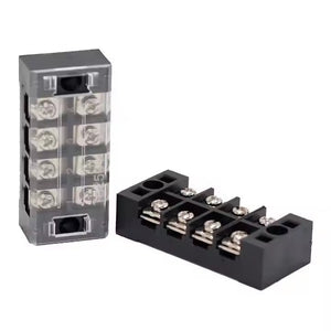 600V 15A 4P Dual Rows Covered Barrier Screw Terminal Block Strip connector - one unit with a clear plastic cover and one unit without, both in black.