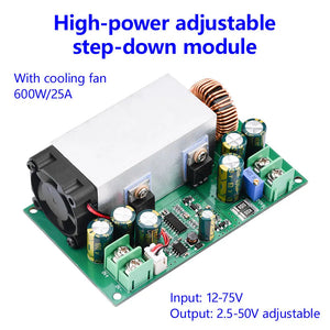 600W Buck Converter For Solar Panels High Power Step-down Power DC-DC Buck Converter Supply Module 12-75V To 2.5-50V 25A Adjustable Regulated Power - green circuit board with a cooling fan, large aluminum heatsink, copper inductor, capacitors, screw terminals, and a blue knob.