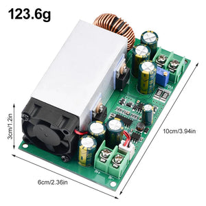 600W Buck Converter For Solar Panels High Power Step-down Power DC-DC Buck Converter Supply Module 12-75V To 2.5-50V 25A Adjustable Regulated Power - a green circuit board with a cooling fan, a large silver heatsink, a copper coil, capacitors, and screw terminal blocks.