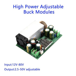 600W DC-DC Step Down Power Supply Module With Fan 12V-80V | Adjustable Output 2.5V-50VG - a green circuit board with a cooling fan, heatsink, copper coil, capacitors, and a digital LED display.