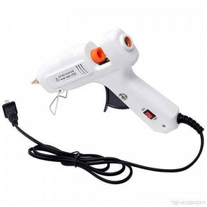 60W-100W Dual Temperature Hot Melt Glue Gun - a white handheld tool with an orange glue stick feed, a wire stand, a black trigger, and a power switch.
