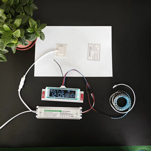 60W 12V LCD Display Time Temperature Date Touch Inductor Defogger Touch Sensor Switch For Bathroom Smart Mirror - a rectangular defogger pad, LED driver, and display showing 12:05, date, and temperature.