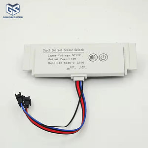 60W 12V LCD Display Time Temperature Date Touch Inductor Defogger Touch Sensor Switch For Bathroom Smart Mirror - Touch Control Sensor Switch Model JN-SJXS-C is a white rectangular module with two touch icons, a 12V input, and a LED output with attached wire connectors.