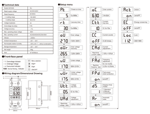 63A 230V Adjustable Over Under Voltage Protector Voltage Ampere Relay Protection Breaker With Over Current Protector | Digilog.pk - wiring diagrams, dimensional drawings, and setup menu options.