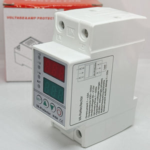 63A 230V Adjustable Over Under Voltage Protector Voltage Ampere Relay Protection Breaker With Over Current Protector | Digilog.pk - a white modular relay with a dual-display screen, control buttons, and a matching red and white product box.
