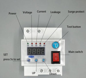 63A Automatic Re connection Circuit Breaker Over and Under Voltage Leakage Protection Current to Protect Relay - a white rectangular device with a digital display, indicator LEDs, a red switch, and a blue test button.