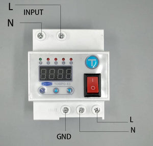 63A Automatic Re connection Circuit Breaker Over and Under Voltage Leakage Protection Current to Protect Relay - a white modular device with a digital display, indicator lights, a red power switch, and labeled input/output.