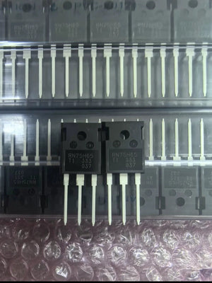 650V 75A RN75H65 RBN75H65T1 IGBT Insulated-gate Bipolar Transistor - shown as two black components with three metal pins resting on clear plastic storage trays with additional units in the background.