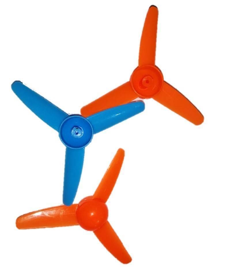 6cm Vane 3 Propeller For Small Motor - two orange and one blue three-bladed plastic propellers arranged against a white background.