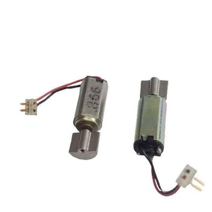 6mm x 12mm Mini Coreless Vibration Motor - two silver cylindrical motors with attached eccentric weights, red and black wires, and white connectors.