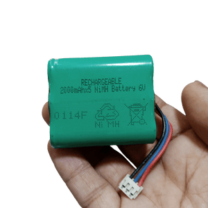 6V Battery 2000mAh Ni-MH Battery Pack Size AA Rechargeable - a green cylindrical battery pack with a three-pin white connector held in a hand.