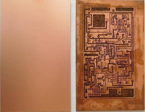 6x4 Inch One Sided Bakelite Copper Sheet One Sided Clad Plate Laminate PCB Board - one blank copper sheet next to one with a printed circuit pattern.