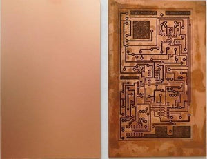 6x4 Inch One Sided Bakelite Copper Sheet One Sided Clad Plate Laminate PCB Board - a blank copper sheet next to one with a printed circuit pattern.